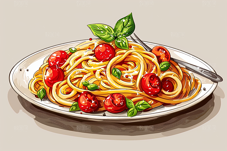 意大利面卡通手绘插画