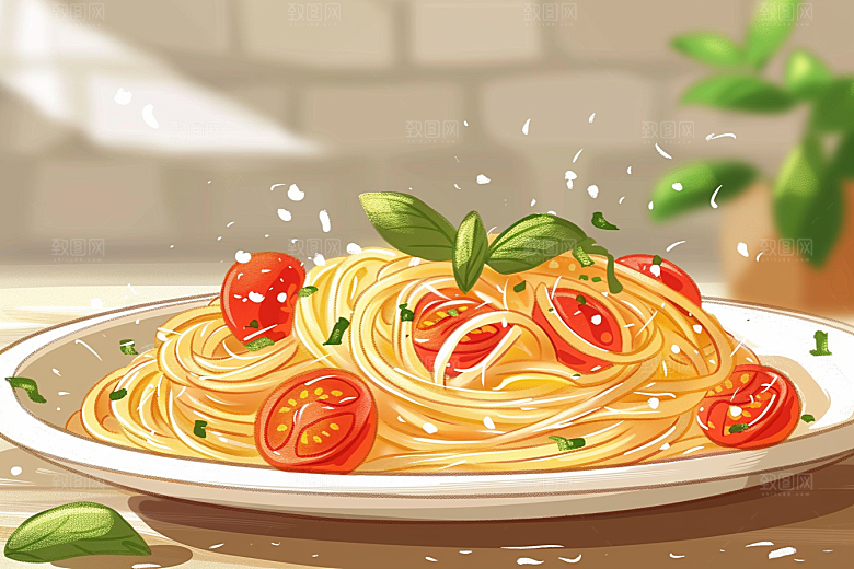 意大利面美食肉酱面插画