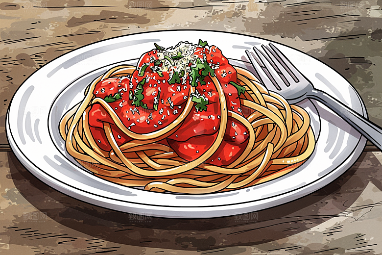 意大利面西餐彩色插画