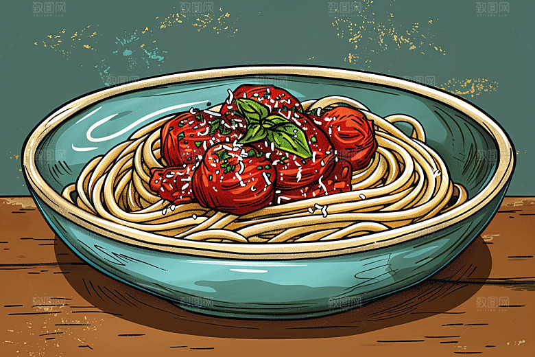 意大利面彩色肉酱面插画