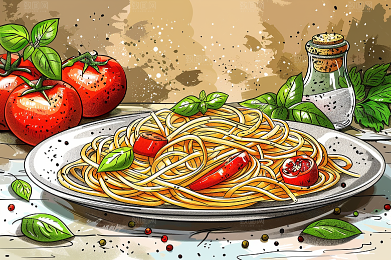 意大利面美食卡通插画