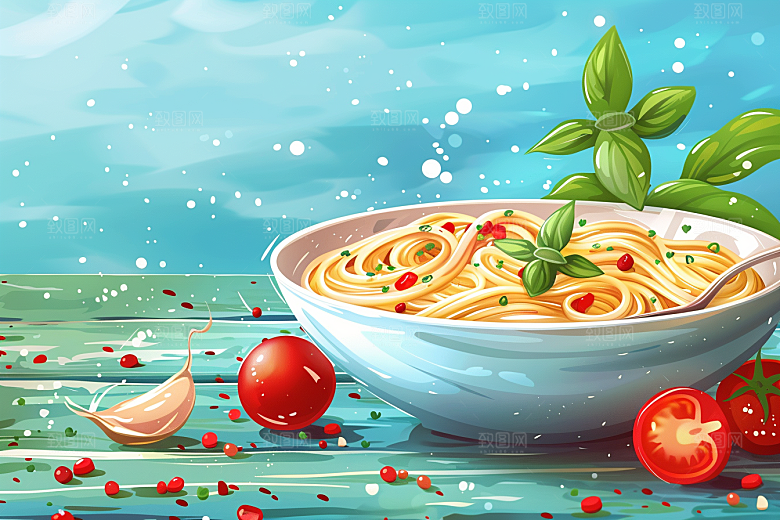 意大利面手绘彩色插画