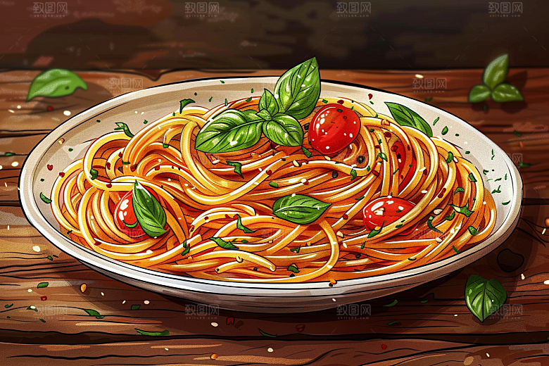 意大利面肉酱面手绘插画