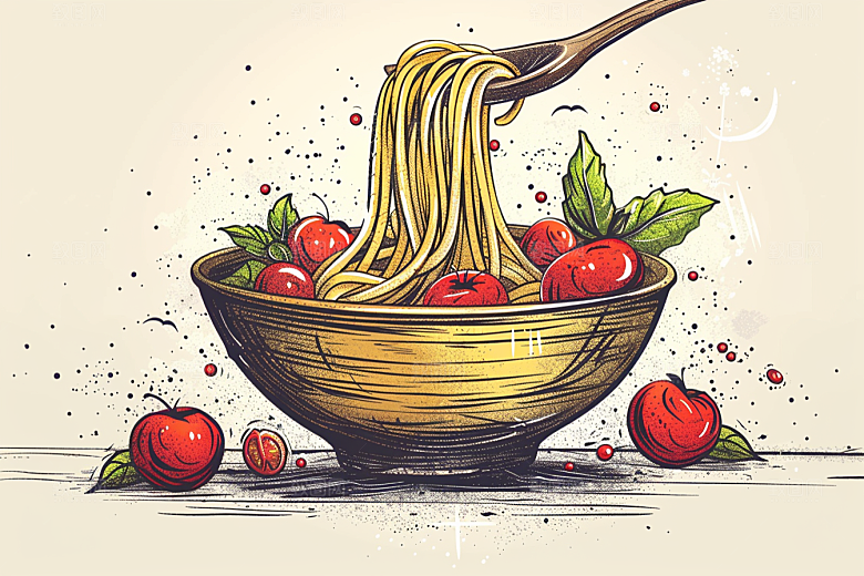 意大利面肉酱面艺术感插画