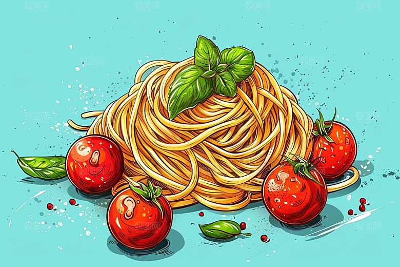 意大利面彩色手绘插画