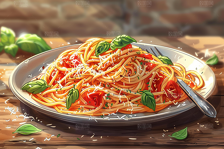意大利面美食手绘插画