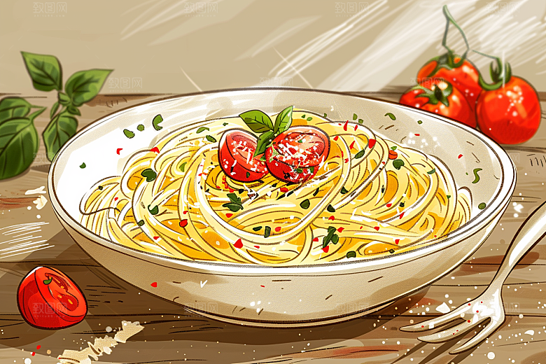 意大利面西餐清新插画