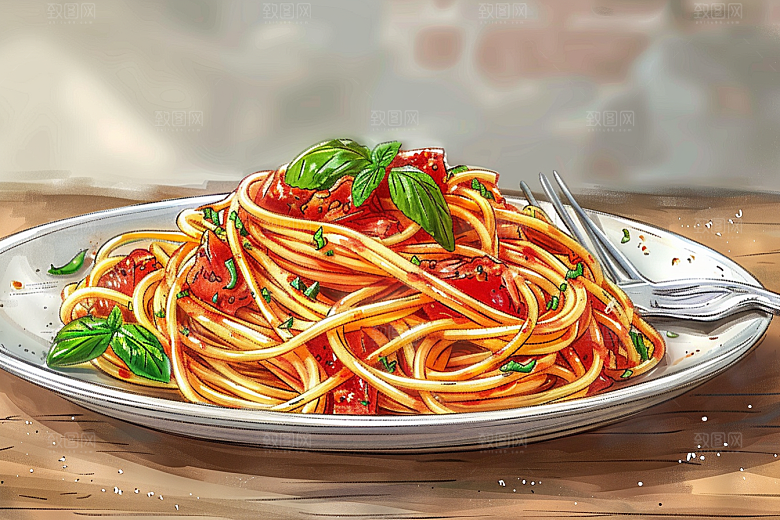 意大利面肉酱面彩色插画