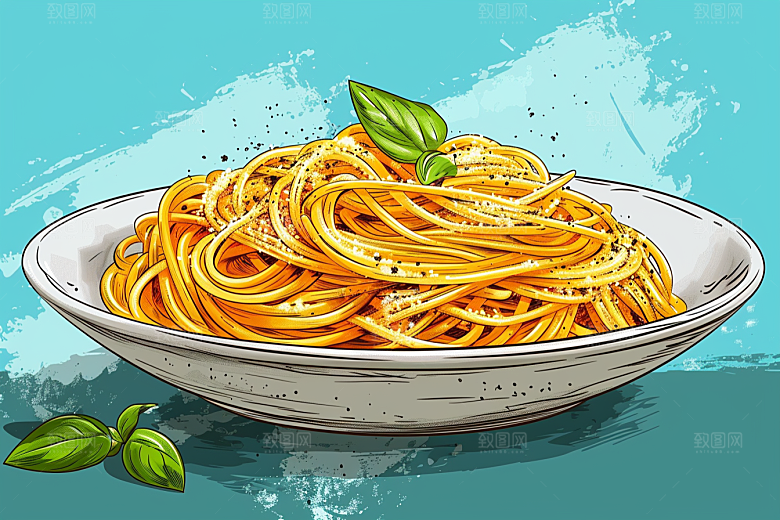 意大利面肉酱面彩色插画
