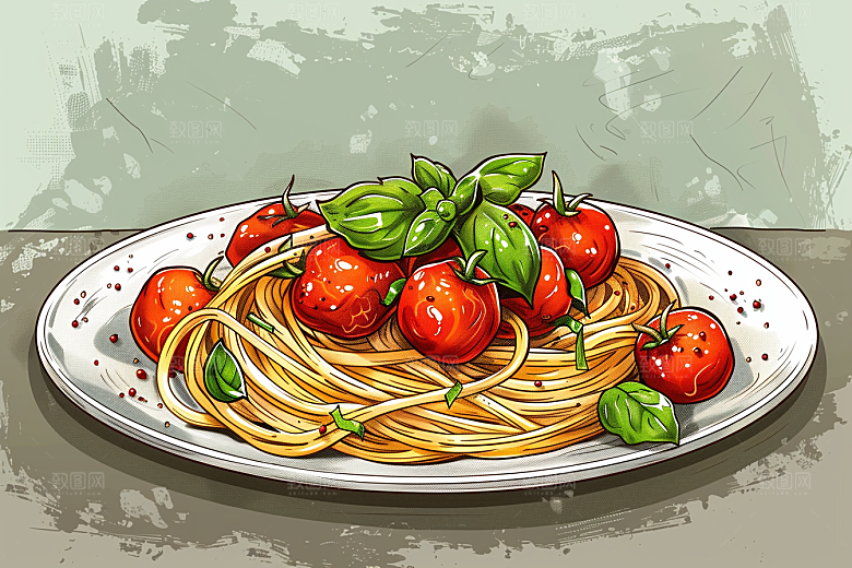 意大利面面条彩色插画