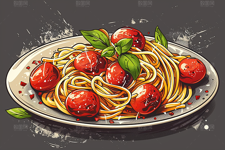 意大利面西餐肉酱面插画