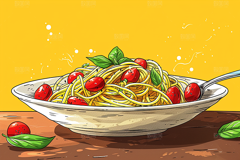 意大利面面条绘本风插画