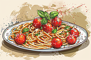 意大利面清新西餐插画