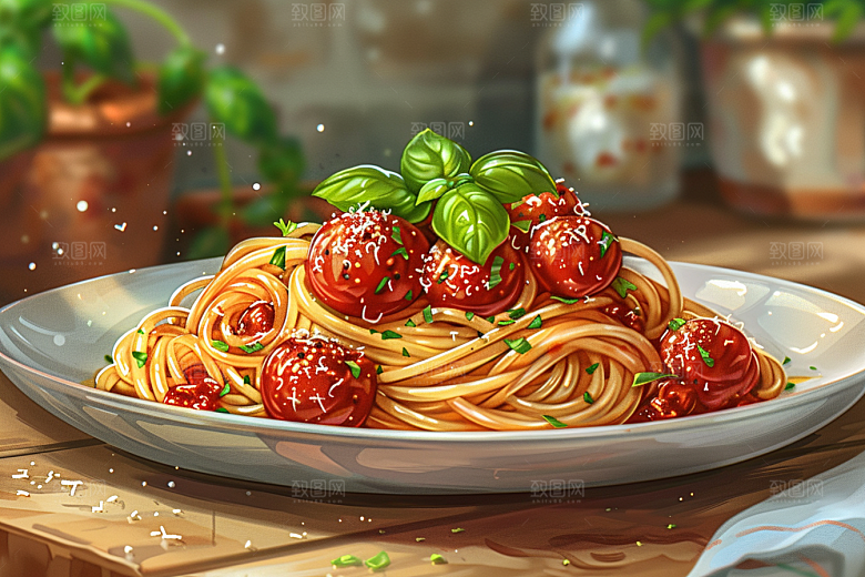意大利面西餐卡通插画