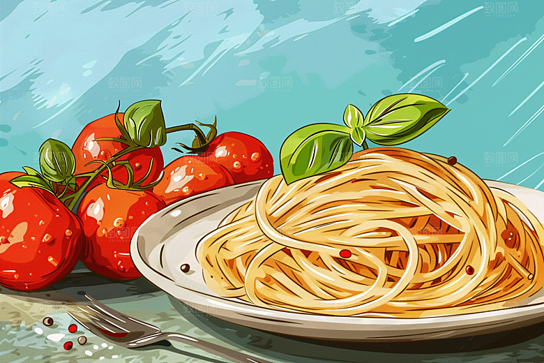意大利面面条彩色插画