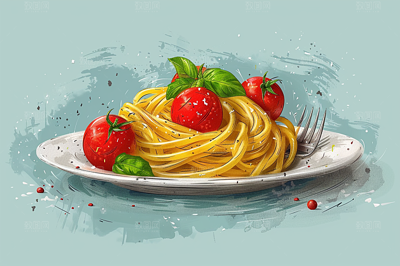 意大利面彩色肉酱面插画
