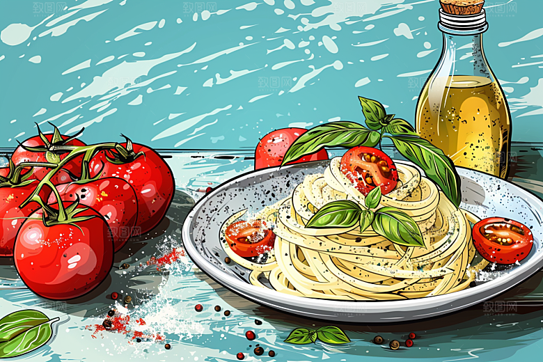 意大利面美食绘本风插画