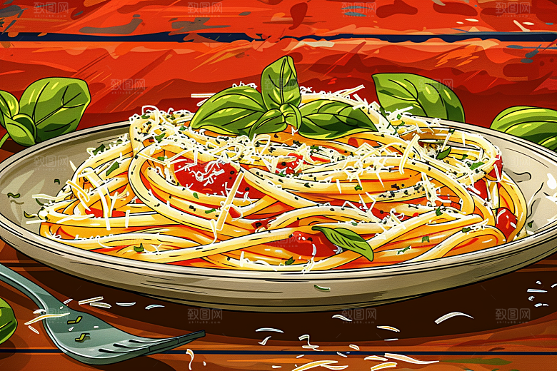 意大利面清新美食插画