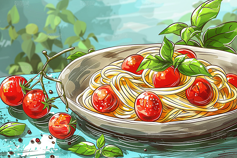 意大利面西餐清新插画