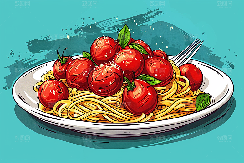 意大利面手绘高清插画