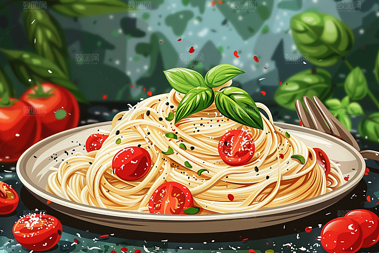 意大利面清新美食插画