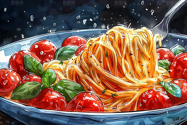 意大利面彩色手绘插画