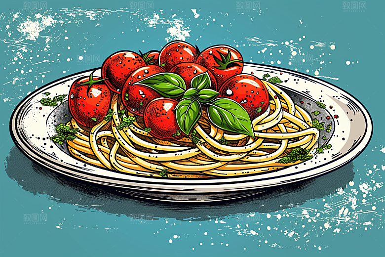 意大利面肉酱面艺术感插画