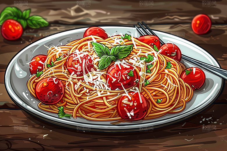 意大利面西餐彩色插画