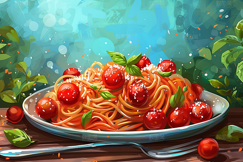 意大利面肉酱面绘本风插画