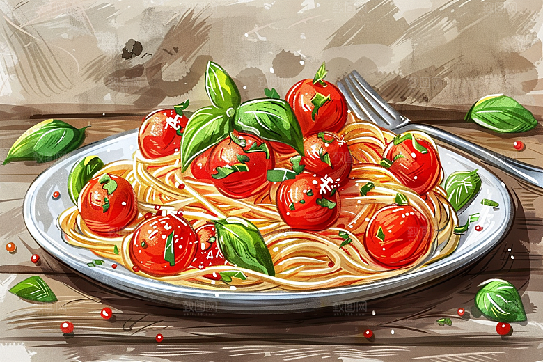 意大利面绘本风肉酱面插画