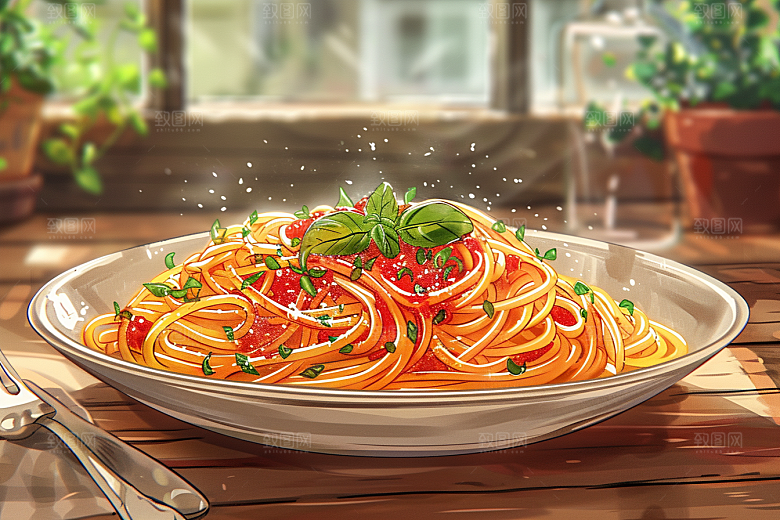 意大利面彩色手绘插画