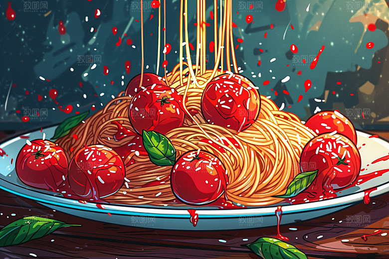 意大利面肉酱面艺术感插画