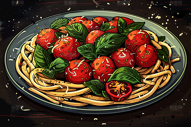意大利面肉酱面手绘插画