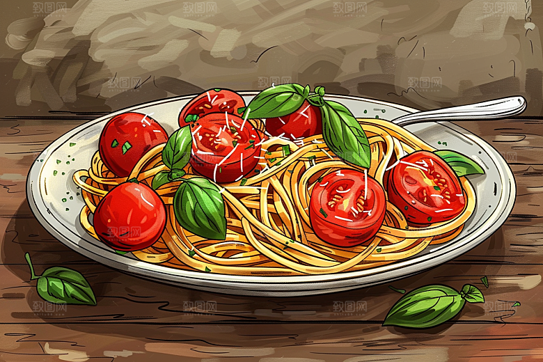意大利面肉酱面西餐插画