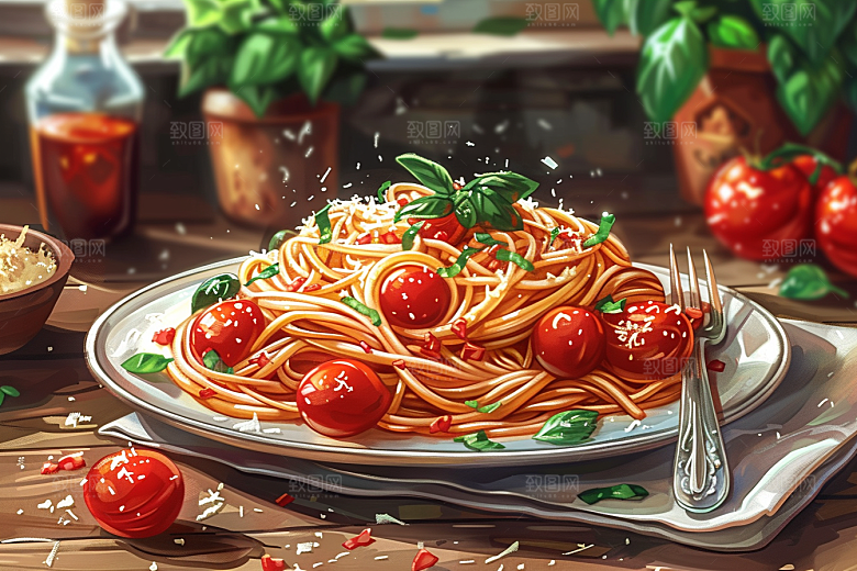 意大利面彩色美食插画