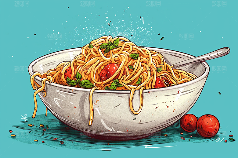 意大利面艺术感肉酱面插画