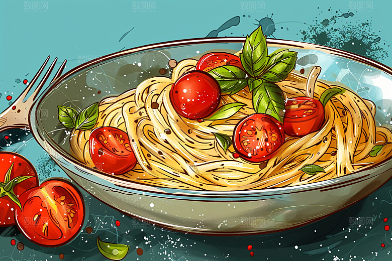 意大利面美食绘本风插画