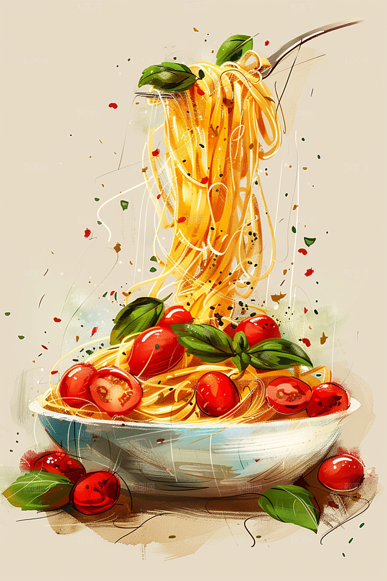 意大利面绘本风面条插画