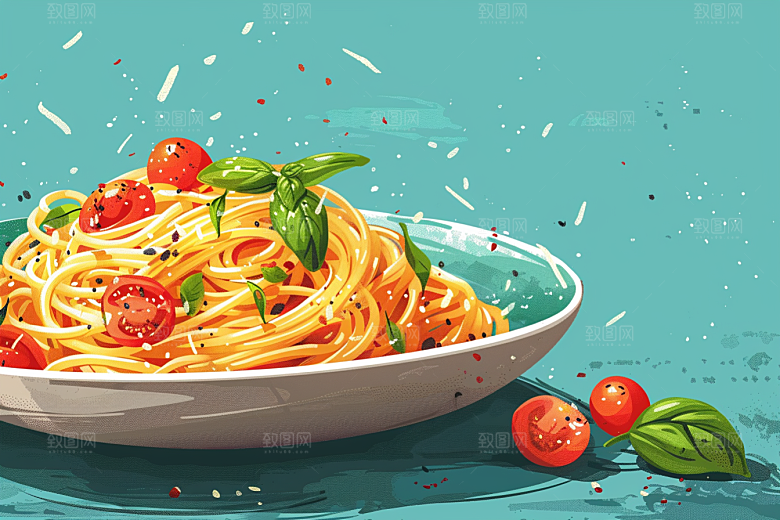 意大利面西餐肉酱面插画