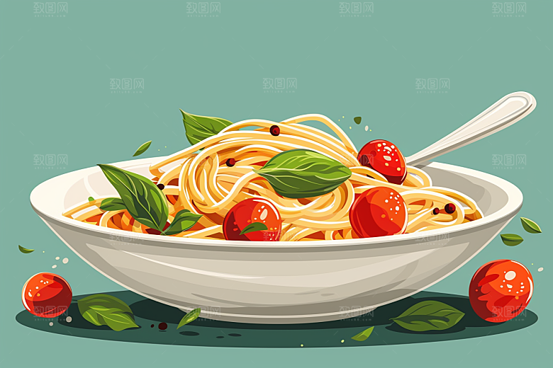 意大利面手绘美食插画