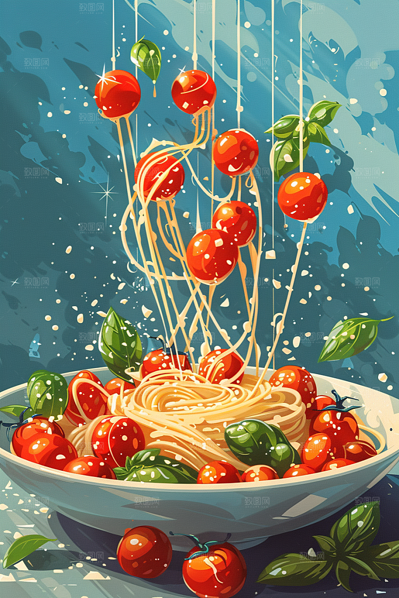 意大利面肉酱面彩色插画