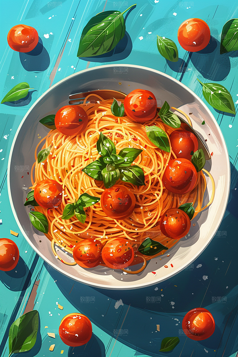 意大利面手绘卡通插画