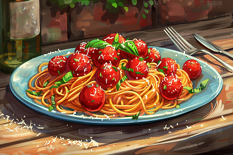 意大利面美食西餐插画