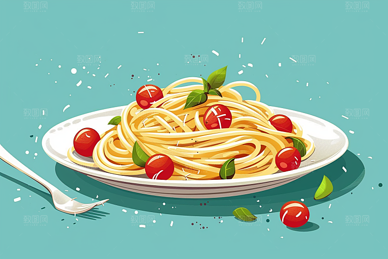 意大利面美食绘本风插画