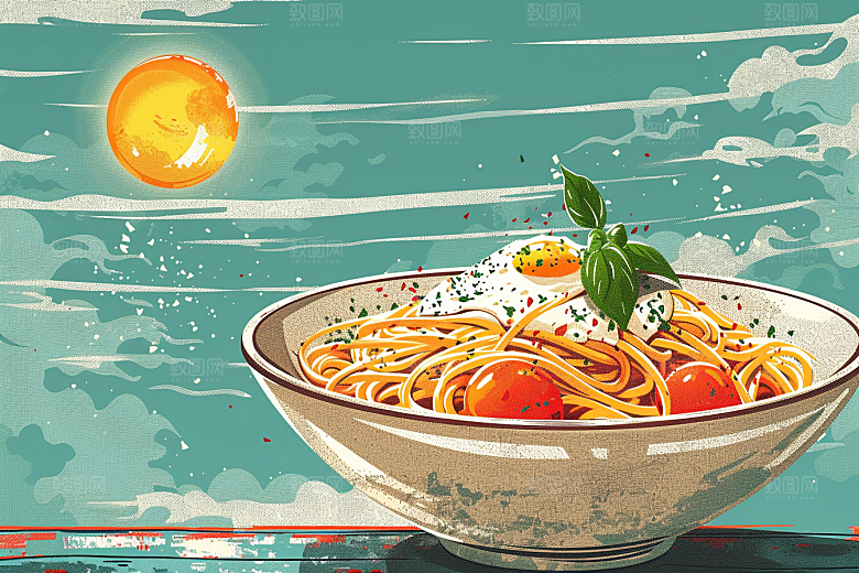 意大利面清新彩色插画