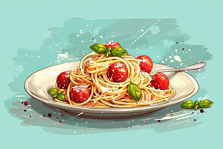 意大利面手绘彩色插画