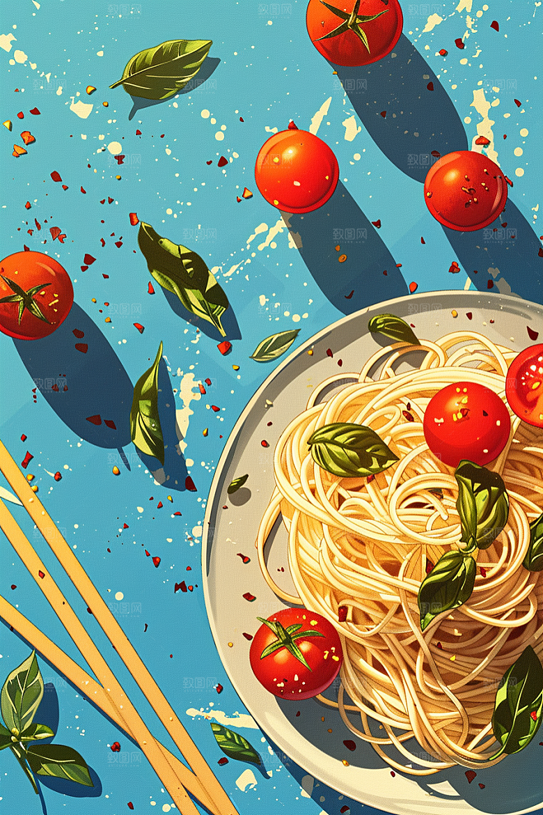 意大利面肉酱面绘本风插画