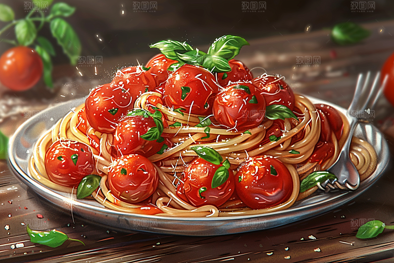 意大利面西餐肉酱面插画