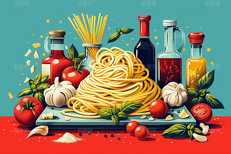 意大利面艺术感肉酱面插画