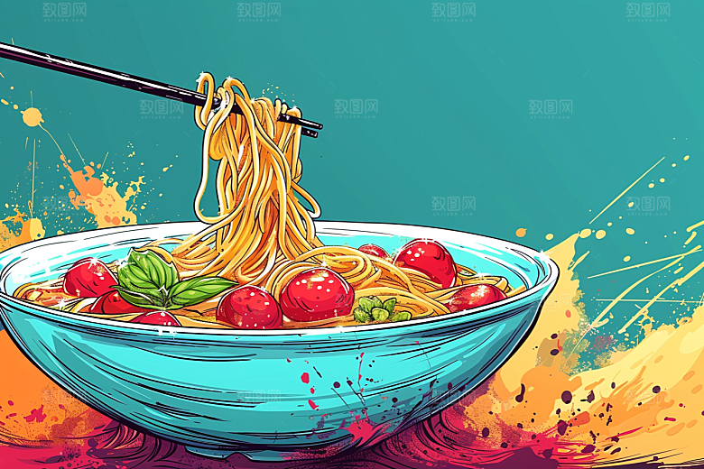 意大利面手绘美食插画